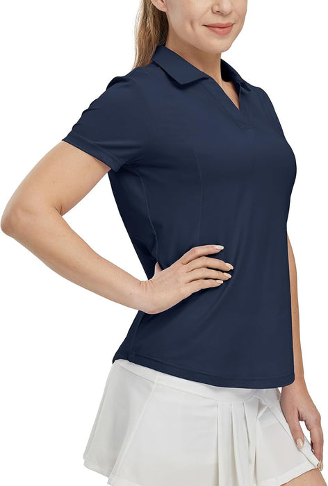 BGOWATU Women's Short Sleeve Golf Tennis Polo Shirts V Neck Collared Workout Tops UV Protection Dry Fit