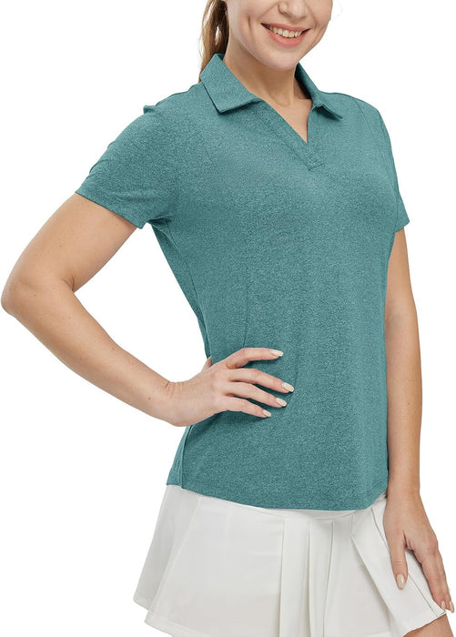 BGOWATU Women's Short Sleeve Golf Tennis Polo Shirts V Neck Collared Workout Tops UV Protection Dry Fit