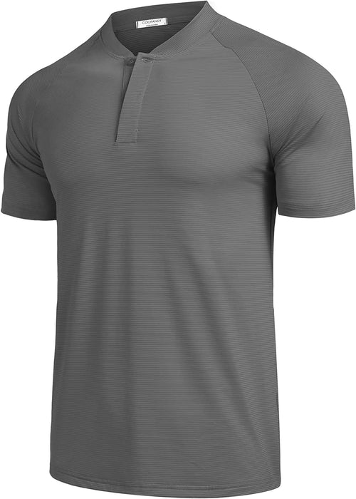COOFANDY Men's Collarless Golf Polo Shirts Quick Dry Polo Shirts Short Sleeve Henley Shirt Active Striped Polo Sports