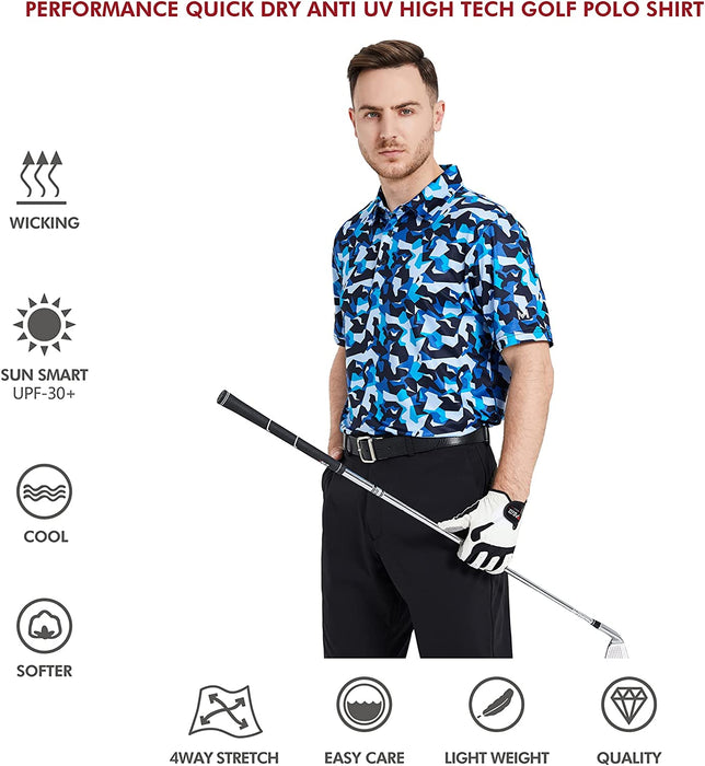 Golf Shirts for Men Dry Fit Short Sleeve Print Performance Moisture Wicking Polo Shirt