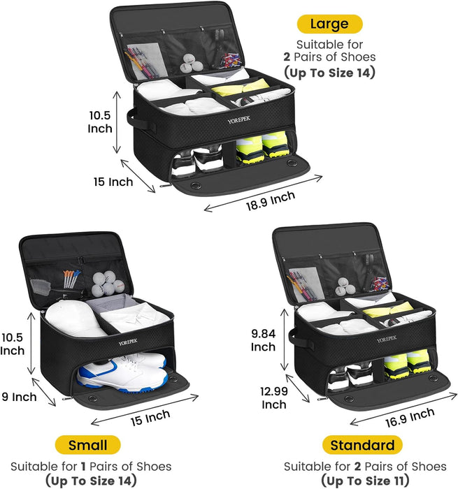 2 Layer Golf Trunk Organizer, Waterproof Car Golf Locker with Separate Ventilated Compartment for 2 Pair Shoes, Durable Golf Trunk Storage for Balls, Tees, Clothes, Gloves, Accessories, Golf Gifts